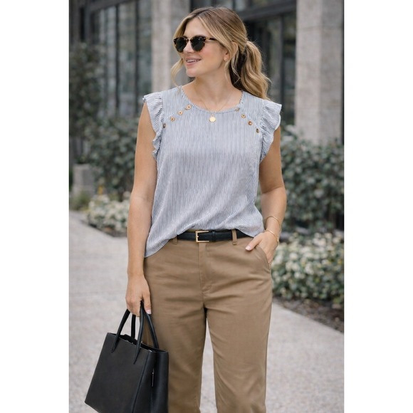 LOFT Tops - Loft black & White pinstripe Blouse with flutter short sleeves (small/Petite)